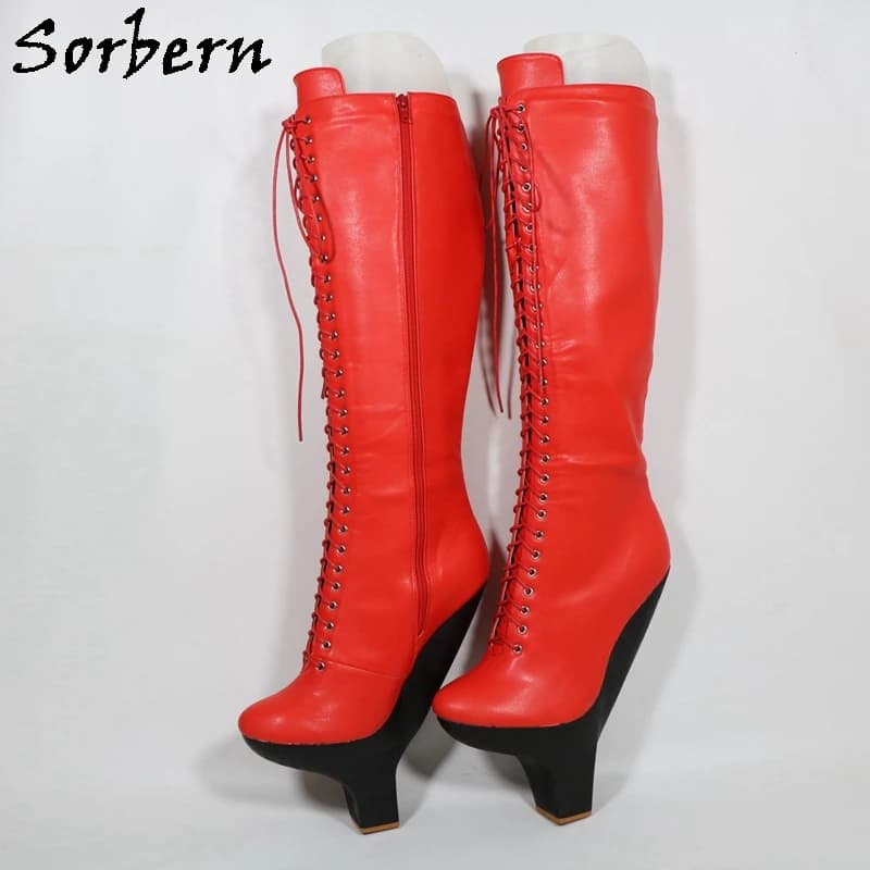 Sorbern Boots with Matte Red Hard Tree for Women Boots with Small Knee Heel Hjigh Cosplay Boots fetish with Laces Custom Colors