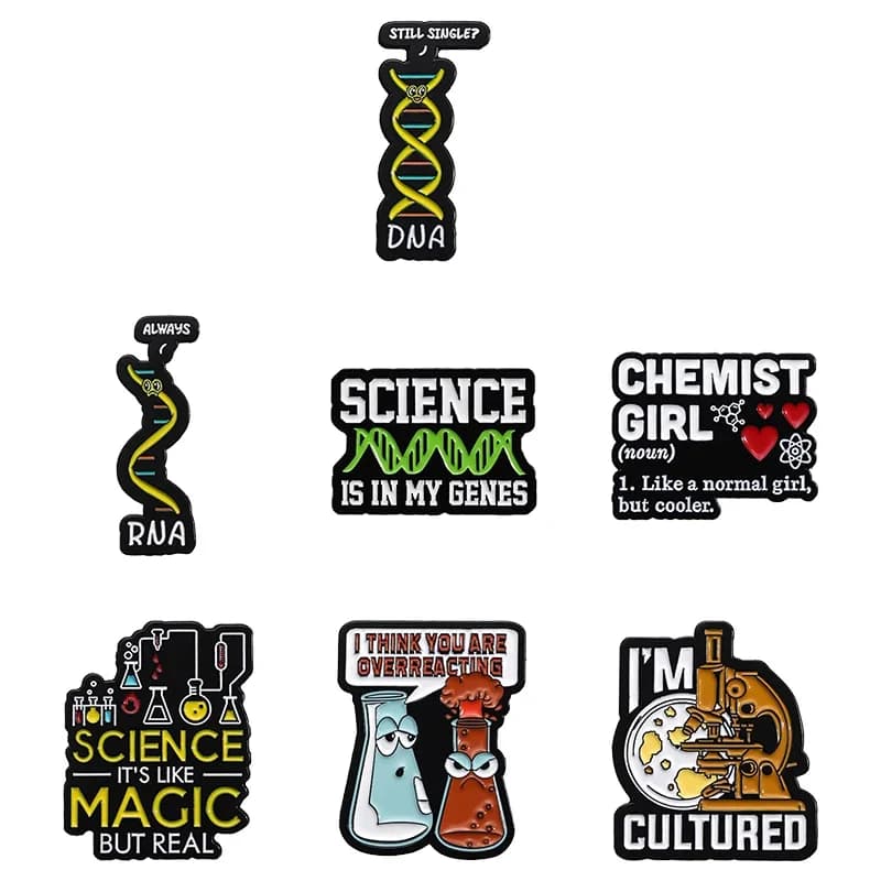 Serie Science Chemist Spille smaltate per microscopio Spille per bicchieri personalizzate Zaino Accessori per vestiti Distintivo da bavero Spilla per gioielli Regali