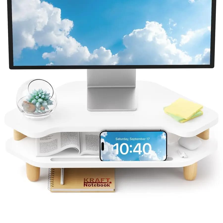 2 Level Angle Monitor Support, Robust Wood Computer Support, Stand Multifunction for Desk with Storage Space for Laptop, PC, iMac, Printer