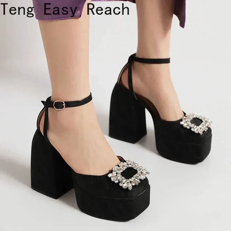 Plus Size Square Toe Super High Thick Heel Rhinestone Decal Hollow Sexy Women's Sandals Satin Fabric Ankle Strap Platform Sandal