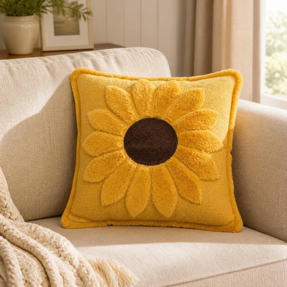 18in Sunflower Pillow Cover ‌Quilted Floral Sunflower Pillowcase ‌3D Embroidered Sofa Cushion Case Quilted Throw Pillow Sham