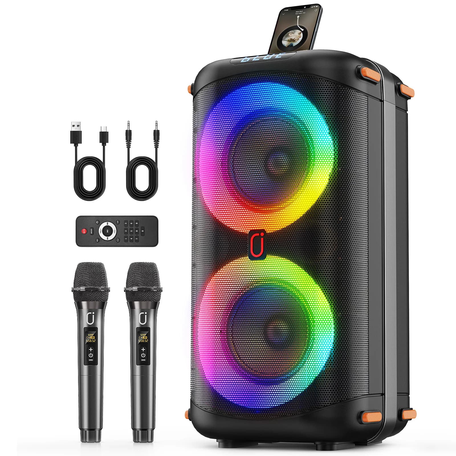 Macchina per karaoke T27-T con 2 microfoni wireless, sistema PA per grandi feste con luci Dicso e doppi subwoofer da palco da 6,5" per la casa