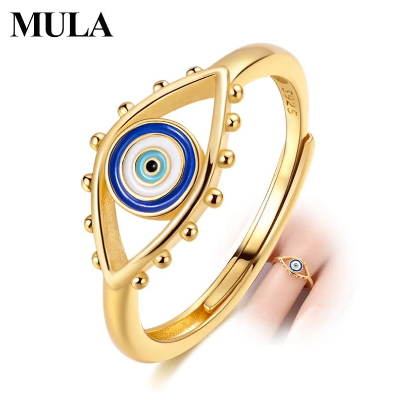 MULA Original 925 Sterling Silver Rings Golden Guardian Eye Ring For Women Girls Jewelry Wedding Band Birthday Anniversary Gifts
