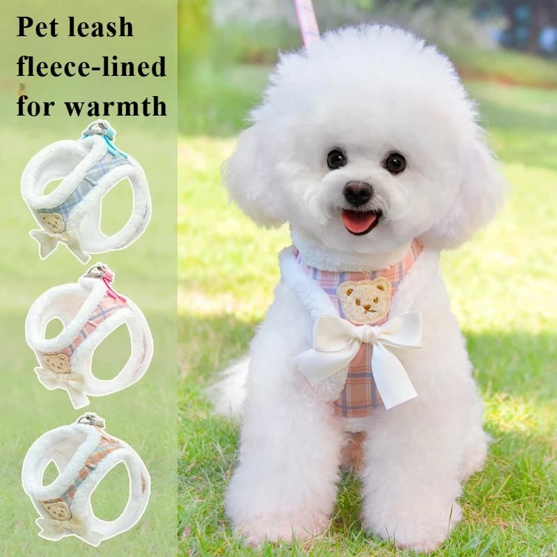 Winter Dog Harness Set Warm Fur Dog Vest and Pet Walking Lead Rope Cute Little Bear Harnesses Soft for Small Medium Dogs Puppy