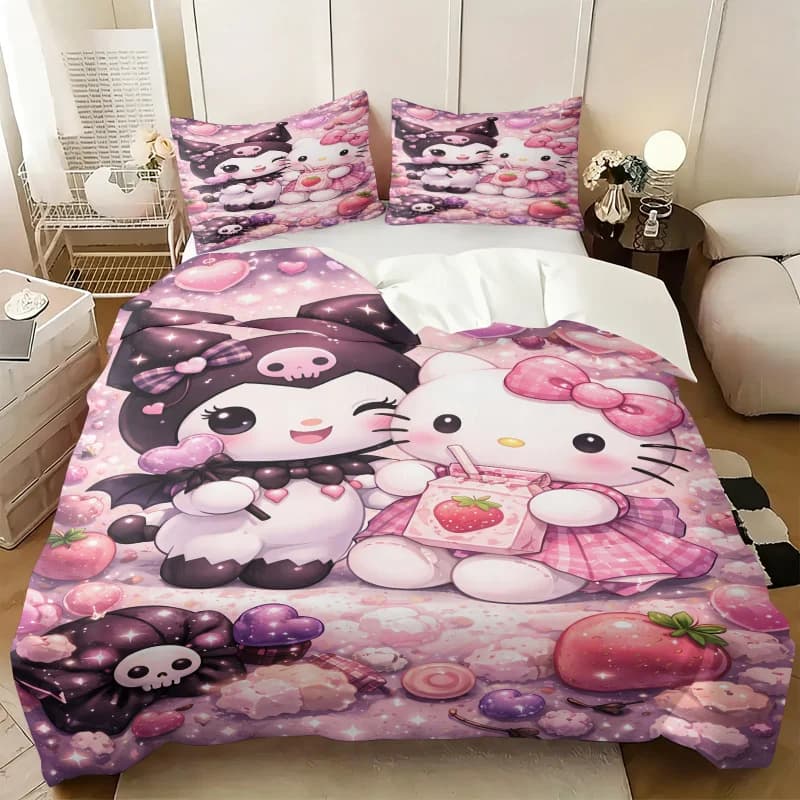Set di biancheria da letto Kuromi Hello Kitty Sanrio, set copripiumino con stampa glitter rosa Kawaii, biancheria da letto dolce per cameretta delle ragazze con federe
