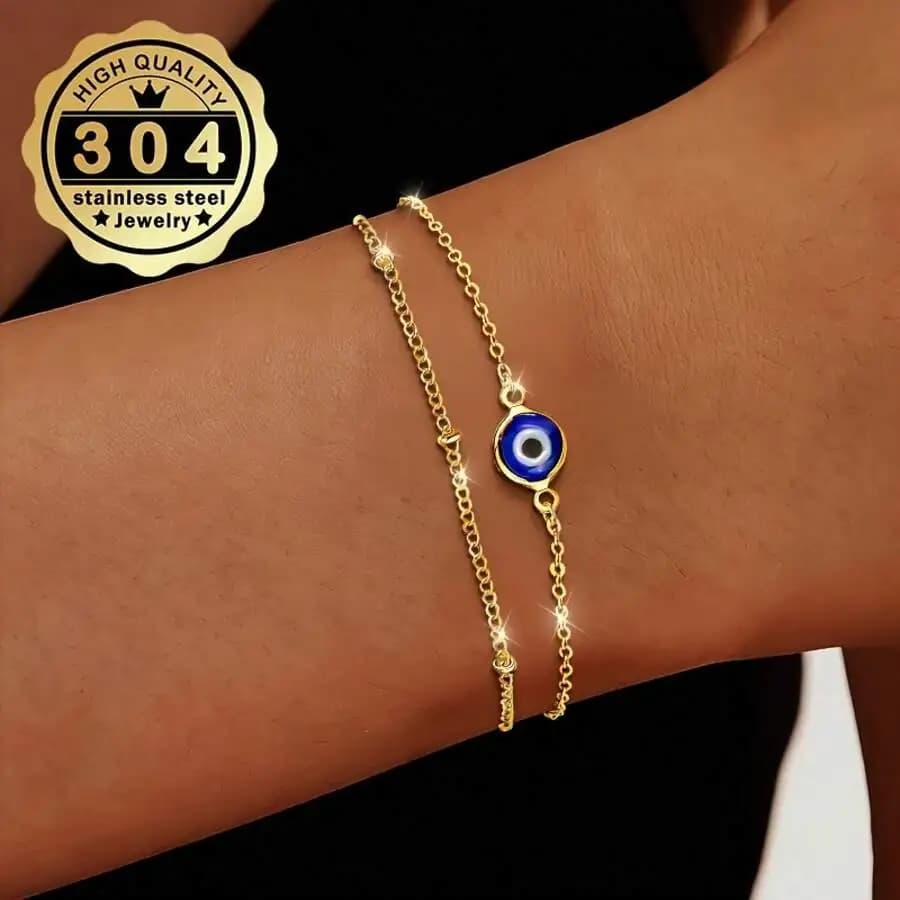 Two-piece women's bracelet set in 304 stainless steel, hypoallergenic, devil's eye motif, ideal for layering, elegant and versat