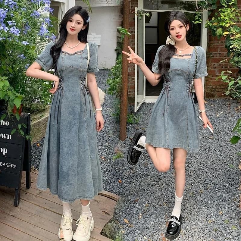 Abito in denim con scollo quadrato alla francese per donne taglie forti, gonna estiva con maniche a sbuffo e vita aderente, che nasconde le formine e si adatta perfettamente.
