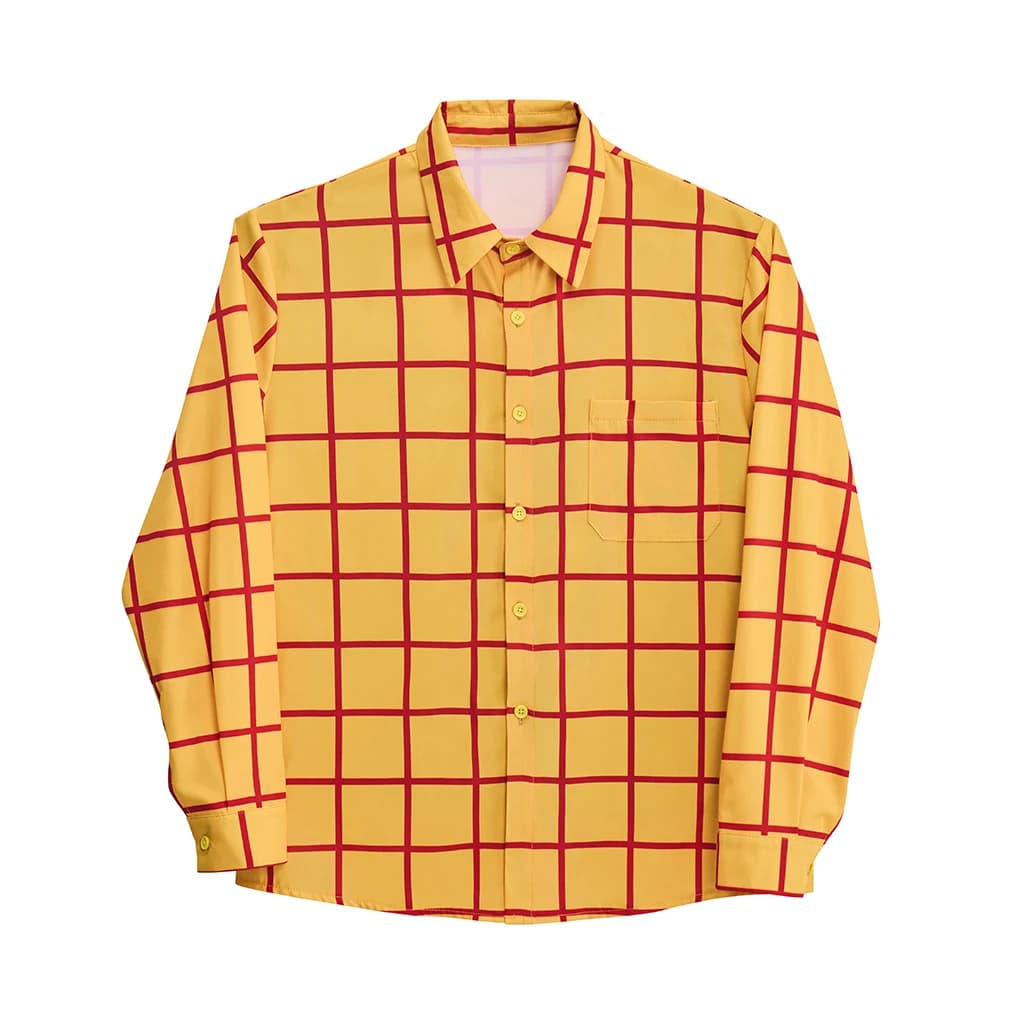 Sheriff Cowboy Woody Cosplay Costume Shirt Men Yellow Plaid Grid Button Down Blouse Anime Character Costume Fancy Dress Tops
