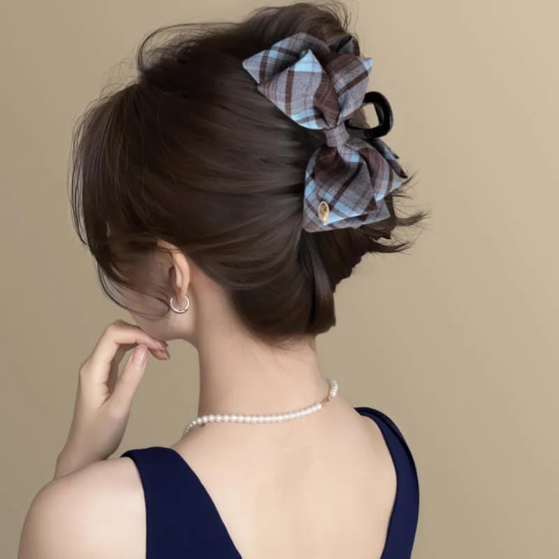 1 pz Fermaglio per capelli a fiocco a quadri stile Preppy, fermaglio a pinza a forma di squalo con etichetta dorata, stile coreano, per donna, per chignon, semplice ed elegante