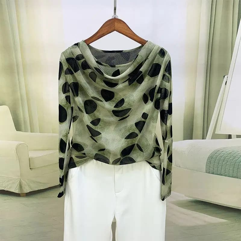 T-shirt elegante da donna a maniche lunghe che nasconde la pancia, alla moda, nuovo stile primaverile