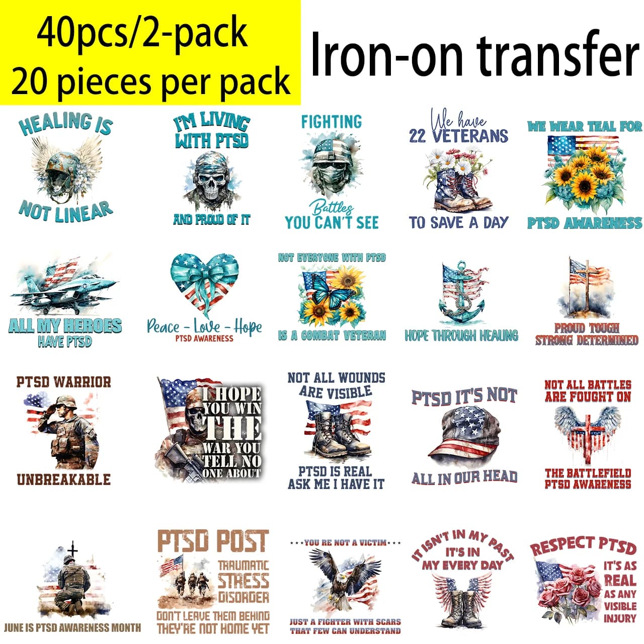 Set of 20 thermotransferable adhesives painted for bags, hats, pillows, etc., themed post-traumatic stress disorders.
