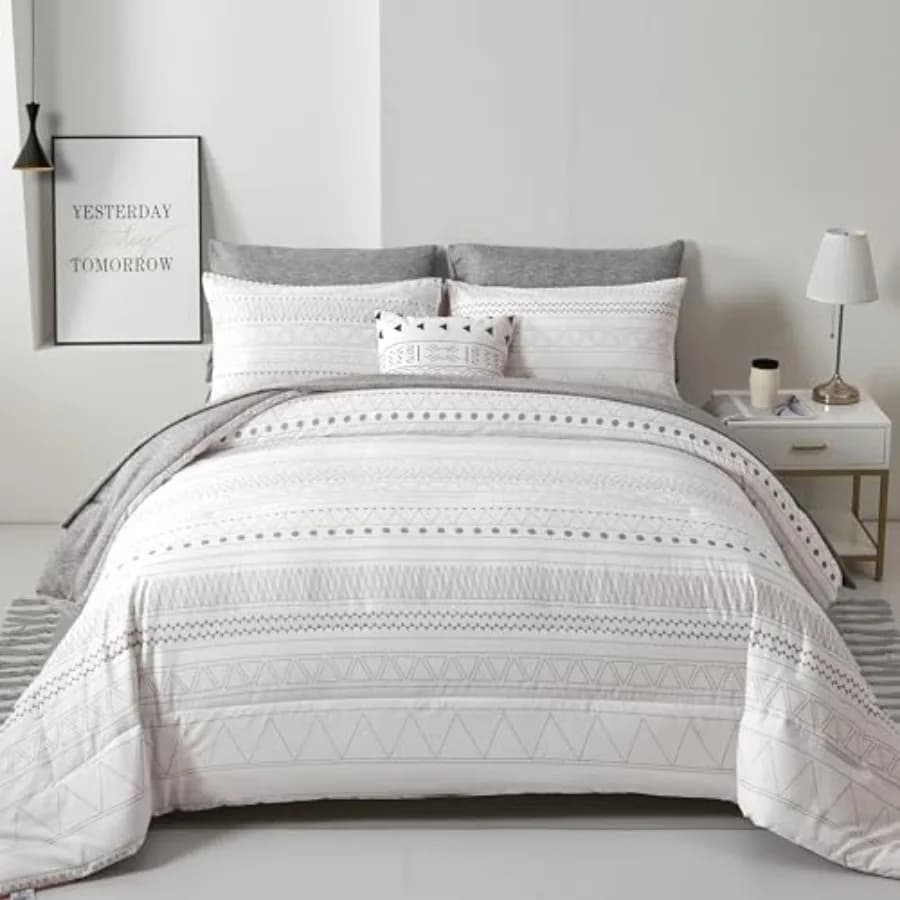 Set Copripiumino Boho King Size, 7 Pezzi, Set Completo di Biancheria da Letto Geometrica Bohemien a Righe per Tutte le Stagioni