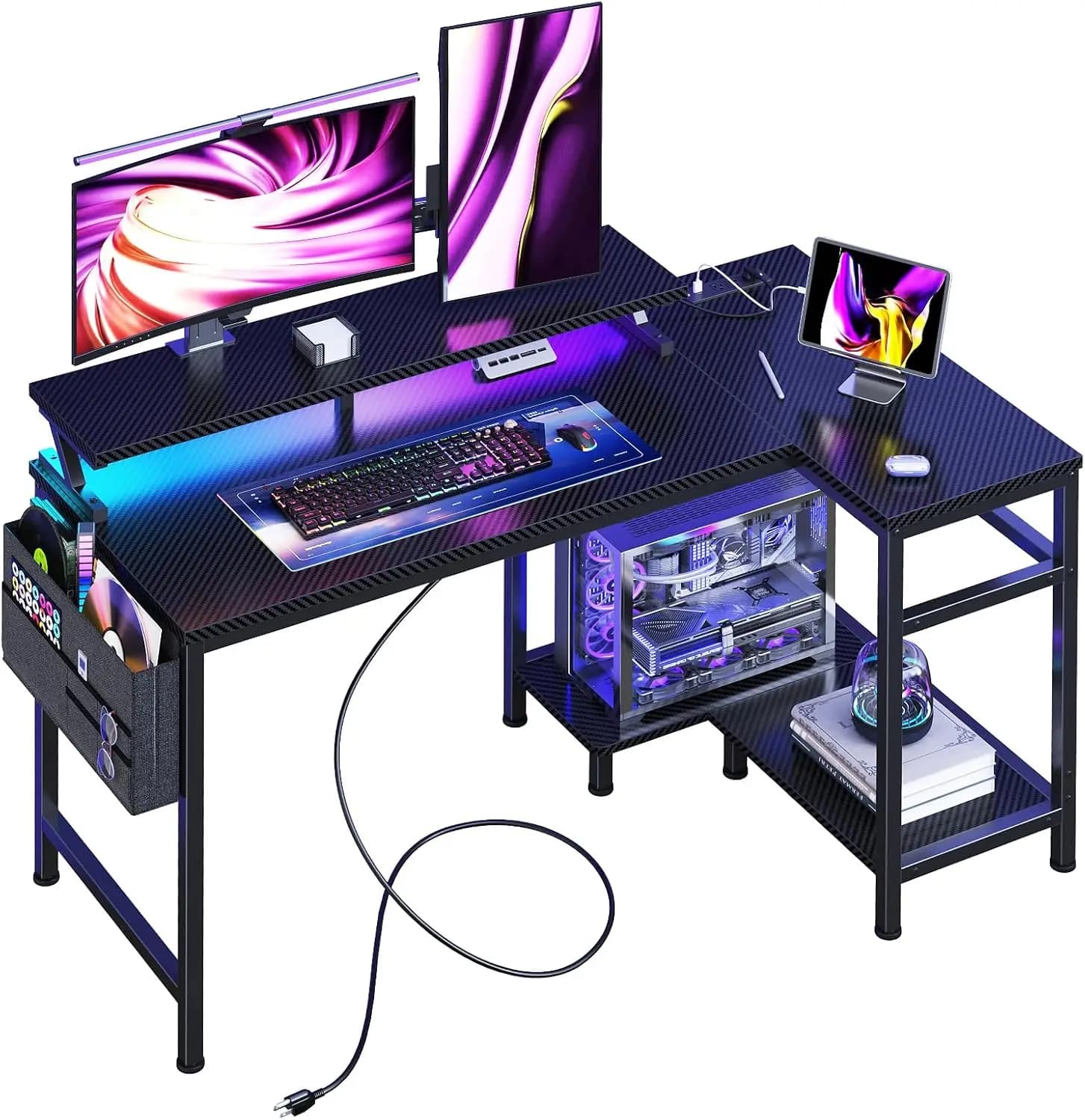 L Gaming desk with LED lights, USB ports and Current sockets, Storage shelves and Monitor Support for Office or Playroom