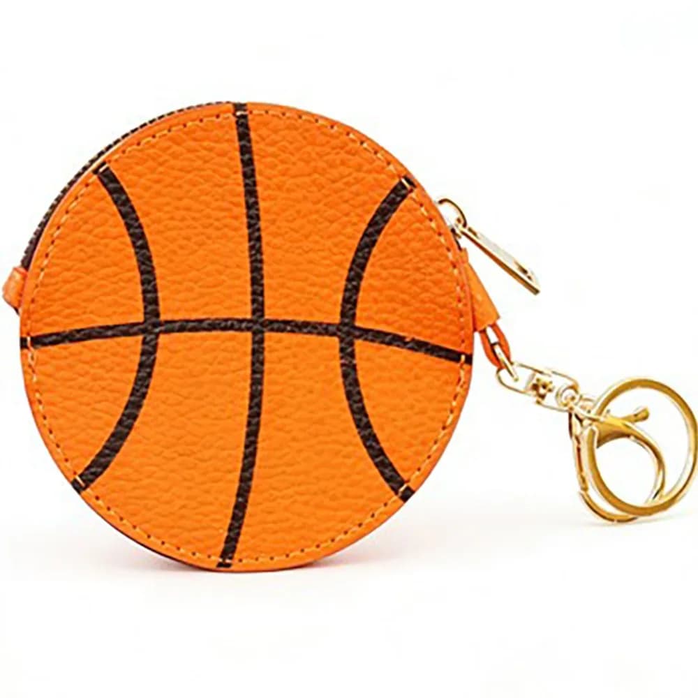 Creative PU Leather Sports Keychain Wallet Waterproof Ball Shaped Sporty Coin Purse Basketball Headphone Pouch Sports Activities