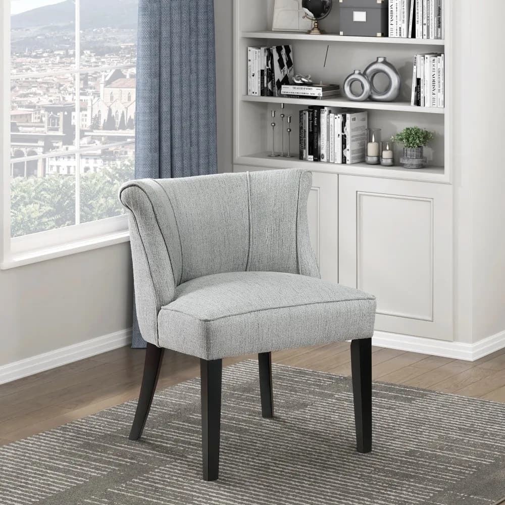Poltrona con Seduta Imbottita in Schiuma, Schienale Curvo, Rivestimento in Tessuto Grigio, Gambe con Finitura Espresso, Arredamento Moderno per la Casa