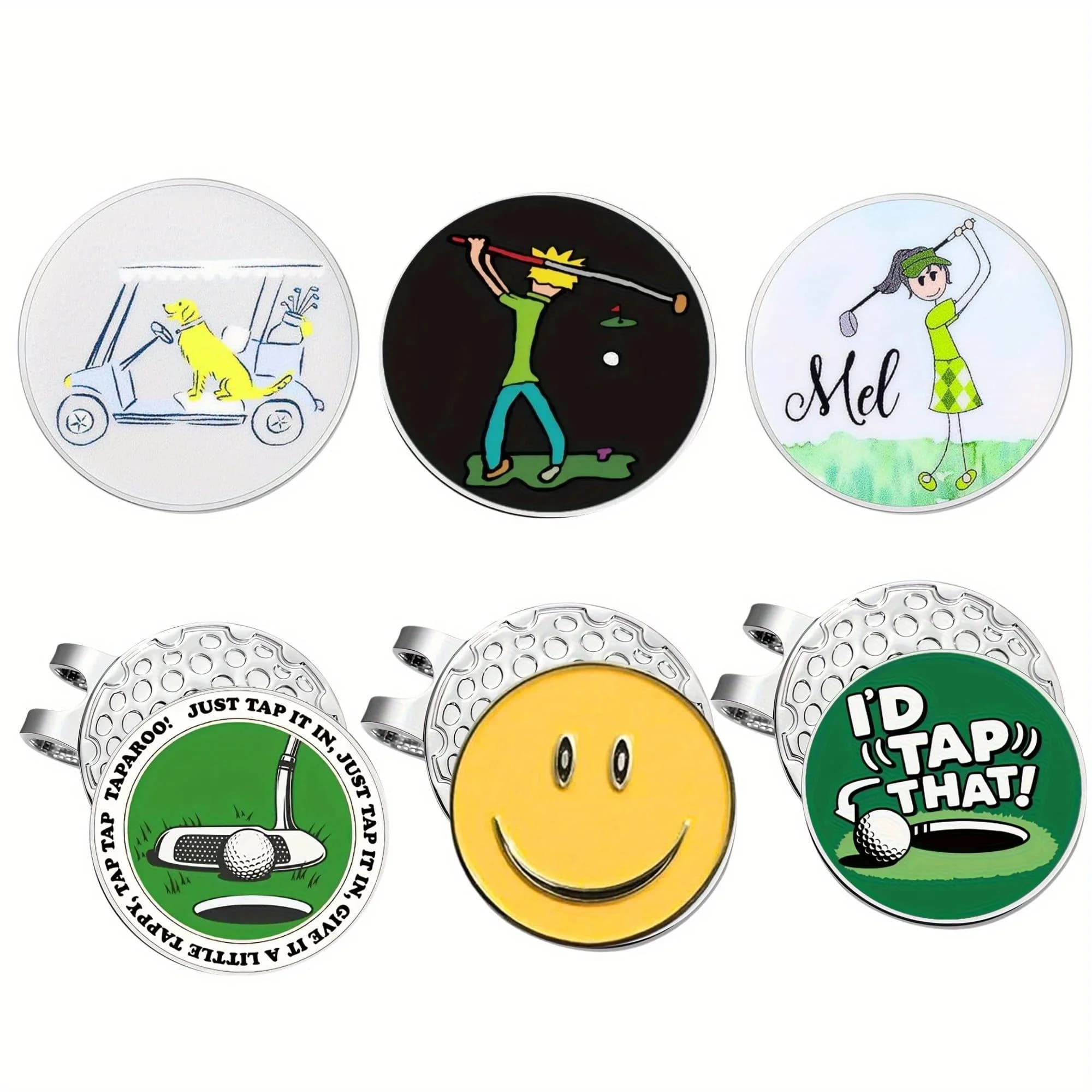 6 cpunts Divertenti marcatori per palline da golf Modelli assortiti Valore Regali da golf Clip per cappelli da golf Parter Set di accessori per uomini Donne Golfisti