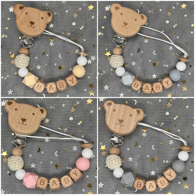 Nome personalizzato personalizzato Clip per ciuccio in faggio fatto a mano Catena di supporto Corona in silicone Perlina Tettarelle da biberon Massaggiagengive Dentizione per bambini Regalo per la doccia