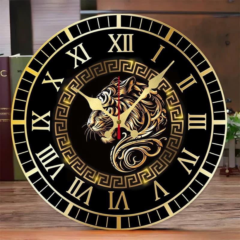 Round wooden wall clock with golden tiger design, suitable for living room, office, study room, bedroom, home decoration.