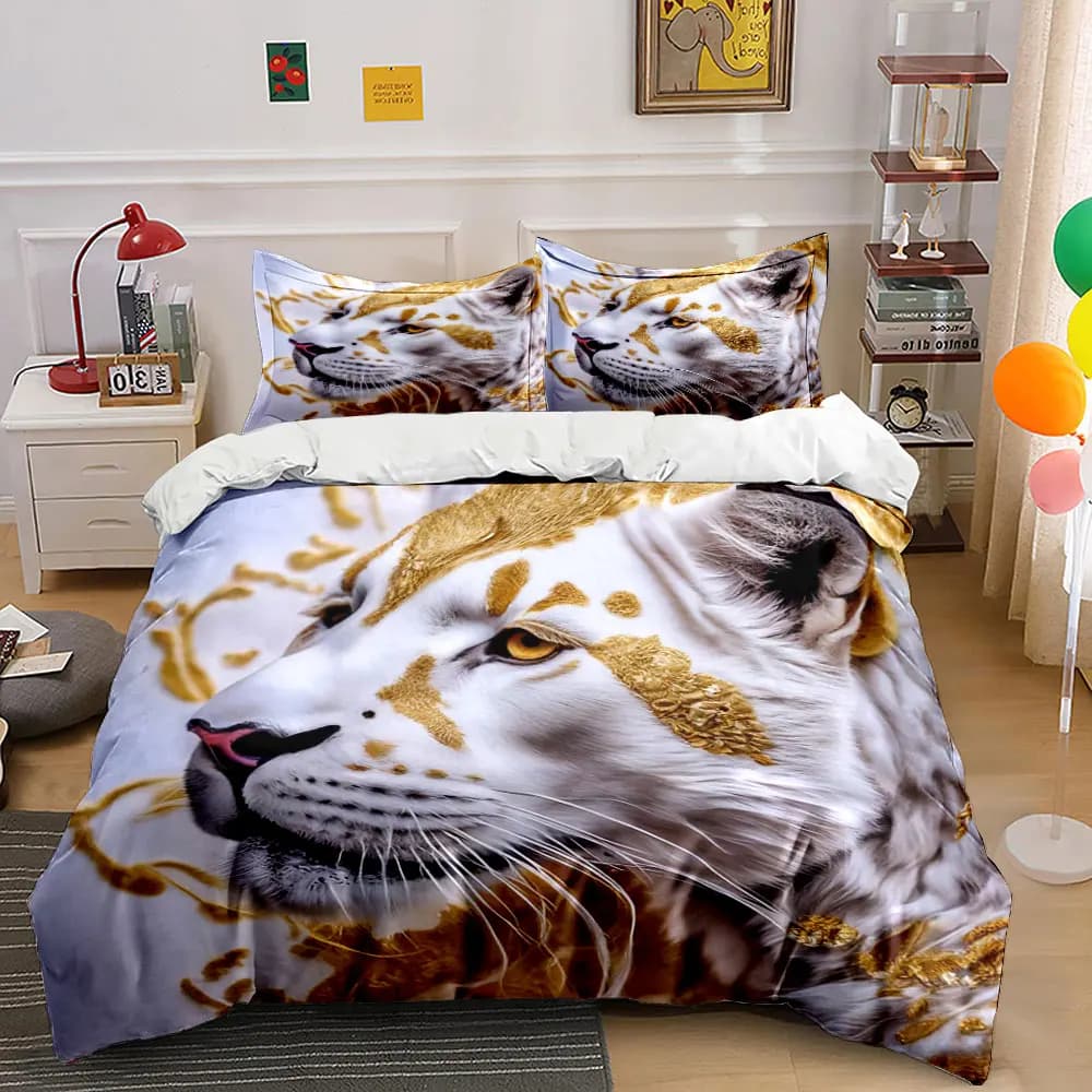 Luxury Gold Foil White Tiger Close Up Bedding Set, Noble Golden Wild Animal Luxury Home Decor,1 Duvet Cover 2 Pillowcase, Gift