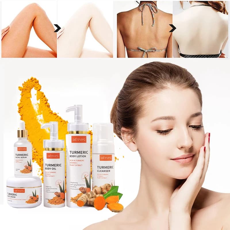 Set di Cura della Pelle alla Curcuma e Vitamina C: Detergente, Siero, Crema, Olio Corpo e Lozione Idratante, Illuminante e Nutriente