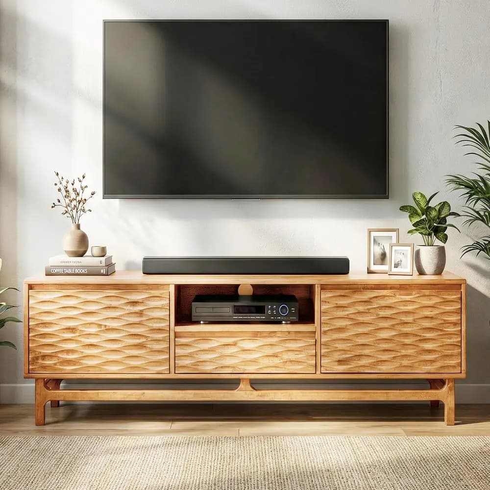 Mobile TV in rovere per televisori da 75+ pollici con spazio contenitivo e gestione dei cavi per soggiorno e camera da letto