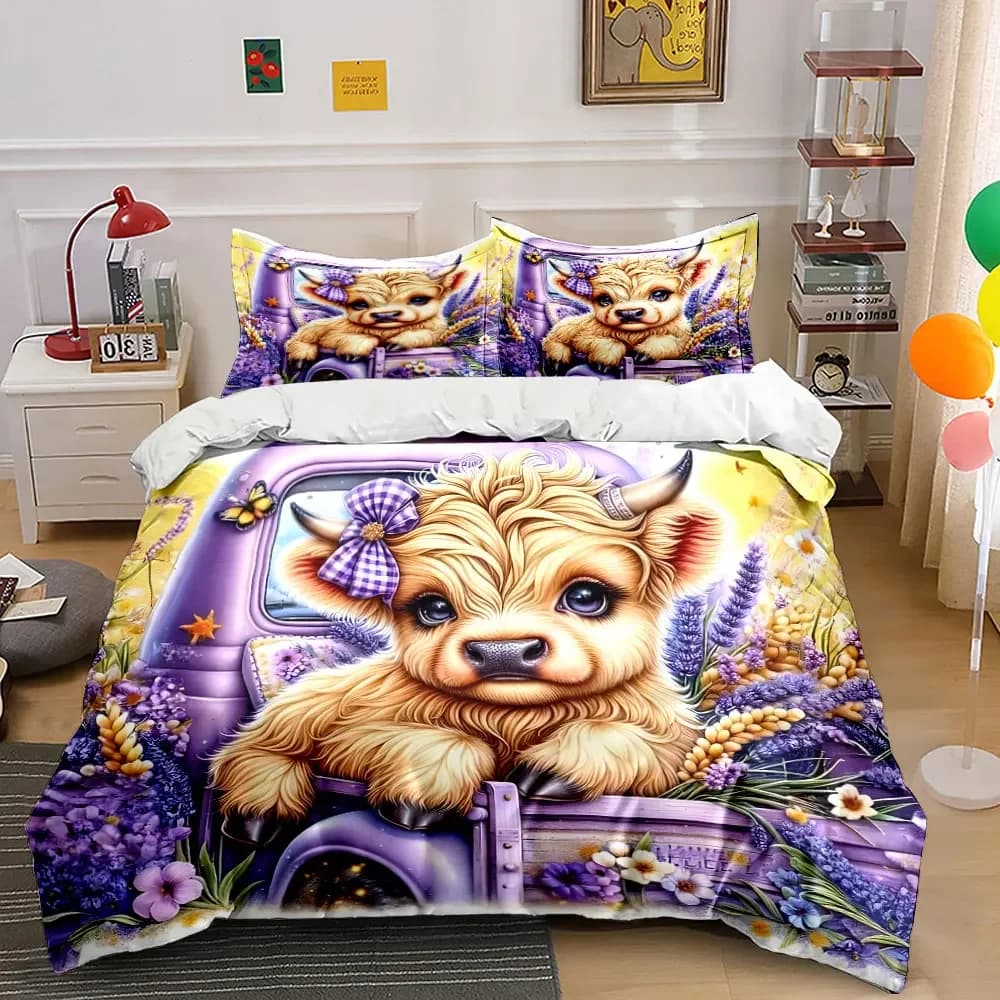 Set di biancheria da letto con copripiumino morbido e confortevole con decorazioni a tema animali da fattoria viola, include 1 copripiumino e 2 federe, idea regalo