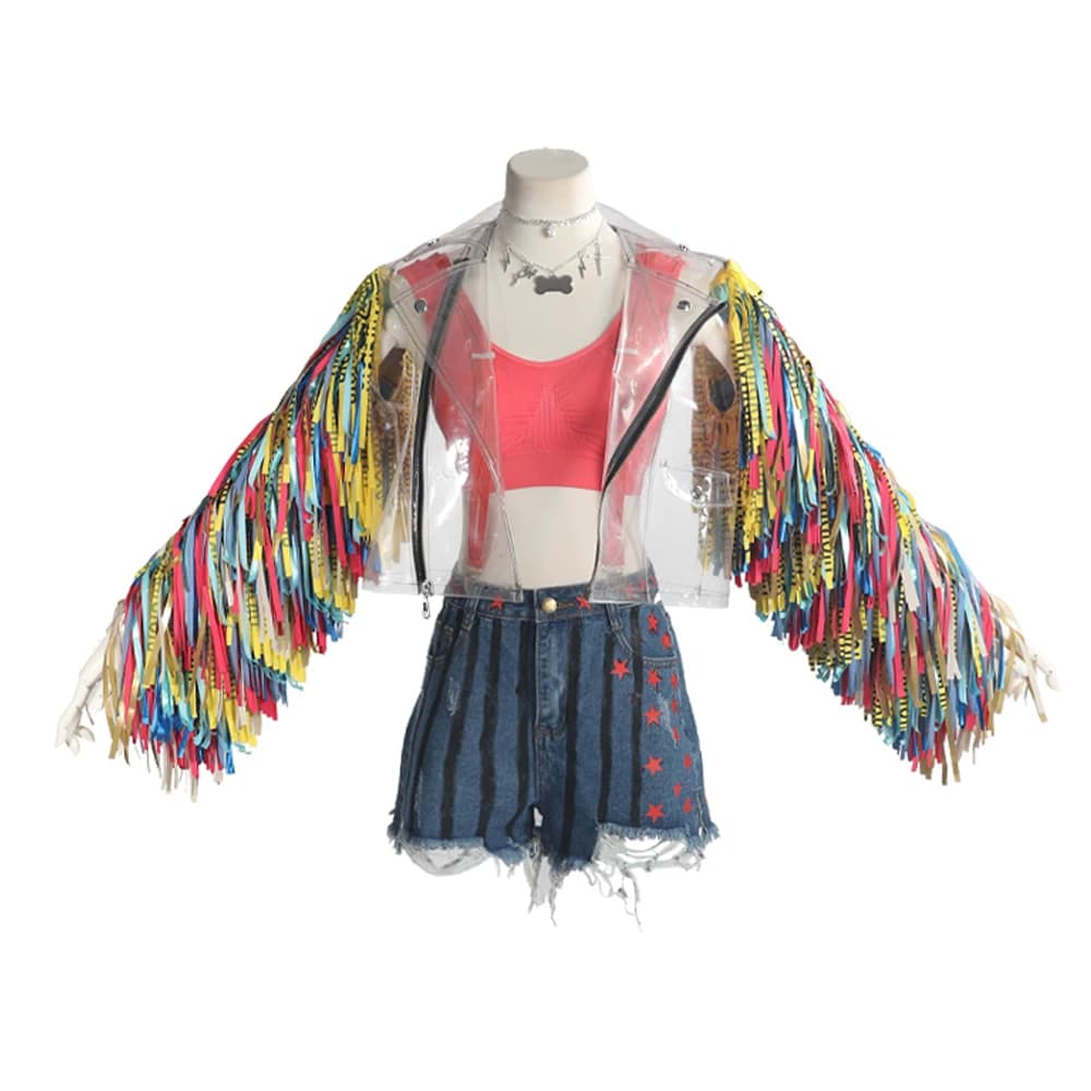 Film Anime Joker Cosplay Custome Cappotto trasparente da donna Completo parrucca Pantaloncini Set completo Abiti da festa di carnevale di Halloween