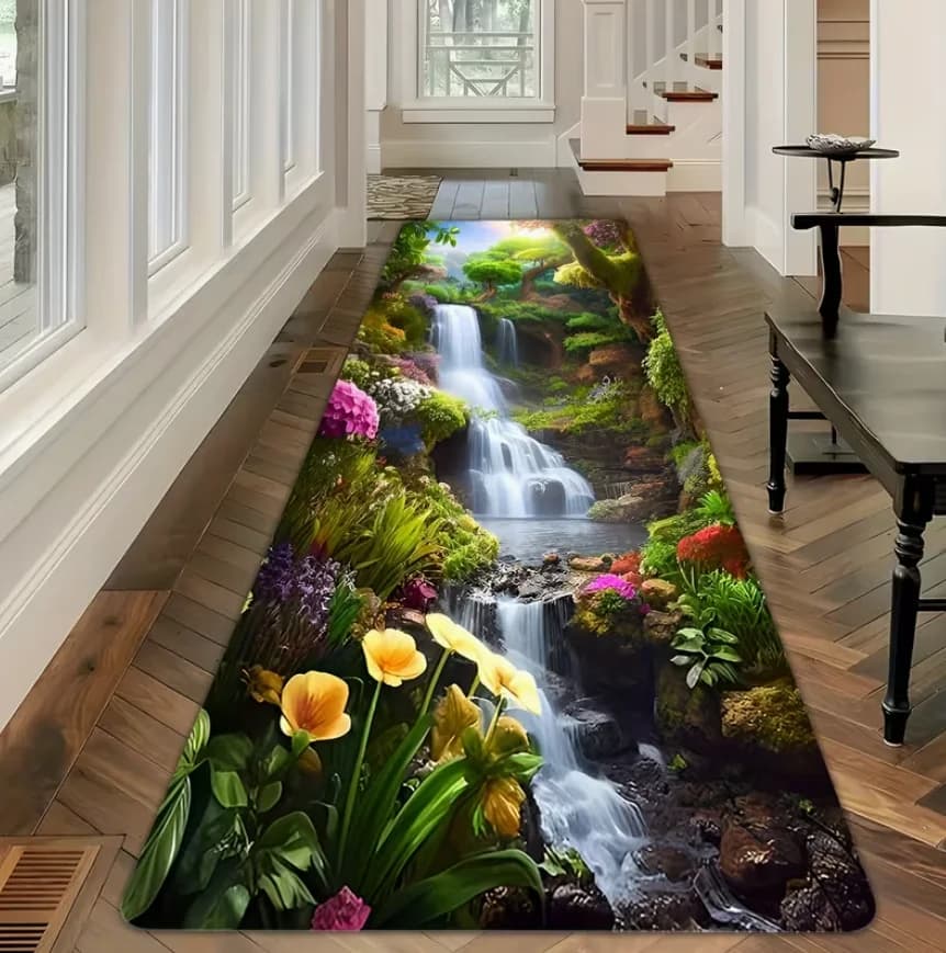 Tappeto Lungo con Stampa Cascata e Fiori per Corridoi, Ingressi, Cucine e Soggiorni, Decorazione Casa
