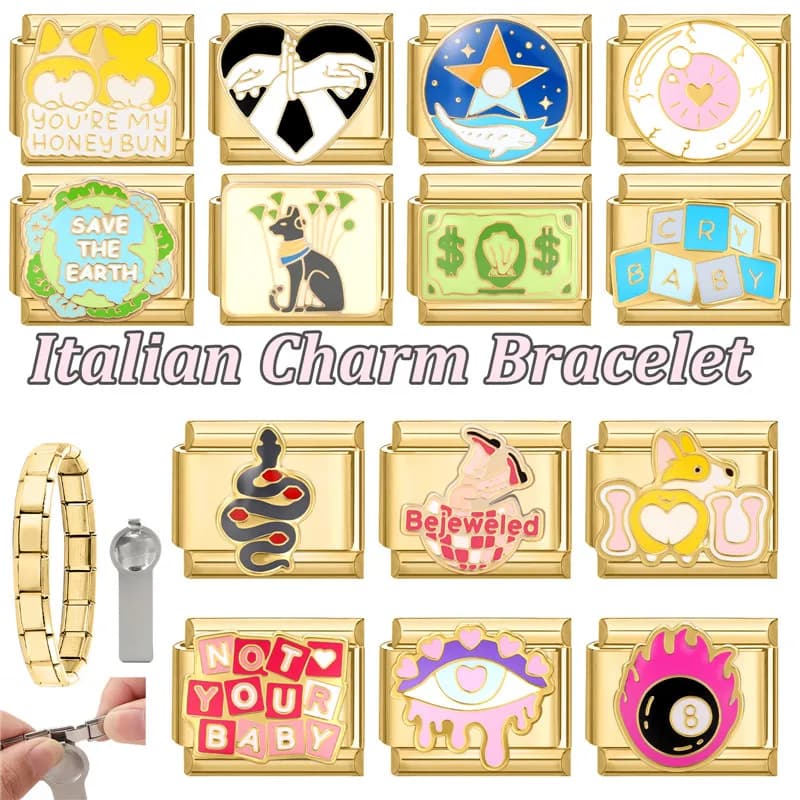 Vintage Gold Color Snake NO.8 Ball Love Heart Dog Eyes Italian Charm Links Fit 9MM Stainless Steel Bracelet Women DIY Making