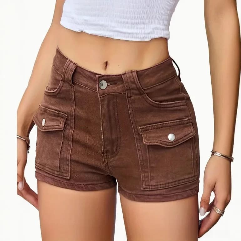 Y2K Denim Shorts Women's Elastic Multi-Pocket Jeans High Waist Tight Fit mid Stretch High Waist Faded Blue Spring Summer