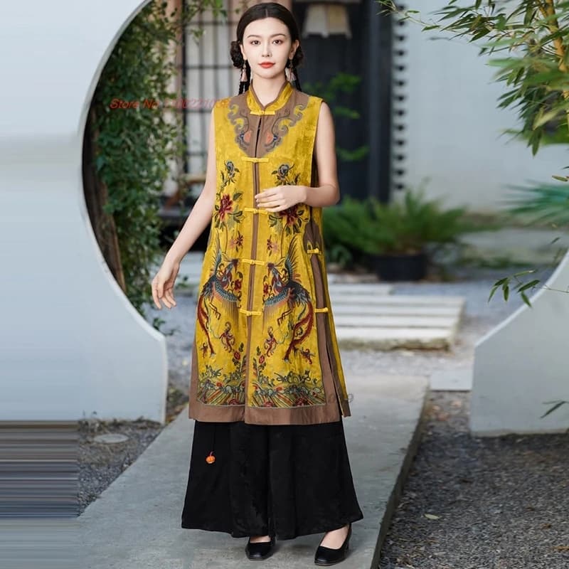 2026 chinese vintage hanfu tops traditional stand collar vest national phoenix embroidery satin jacquard vest sleeveless jacket