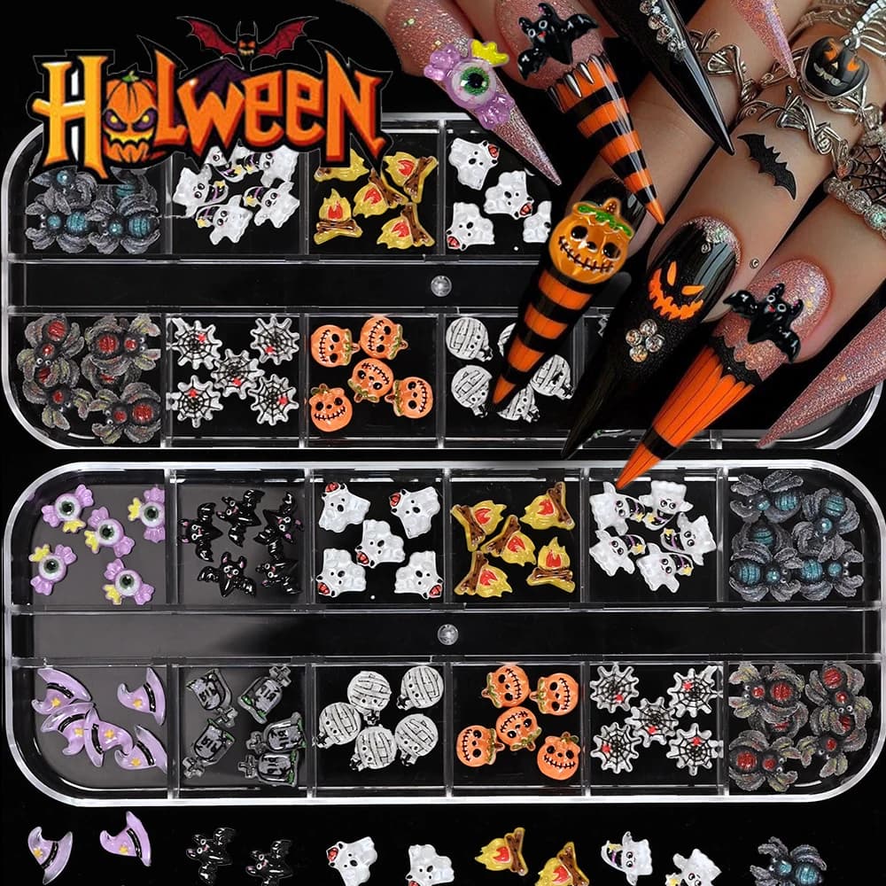 12grid/box-60Pcs Halloween Skull Pumpkin Ghost Punk Nail Charms Resin Funny Cartoon Spider Bat Nail Art DIY Mixed Manicure Parts