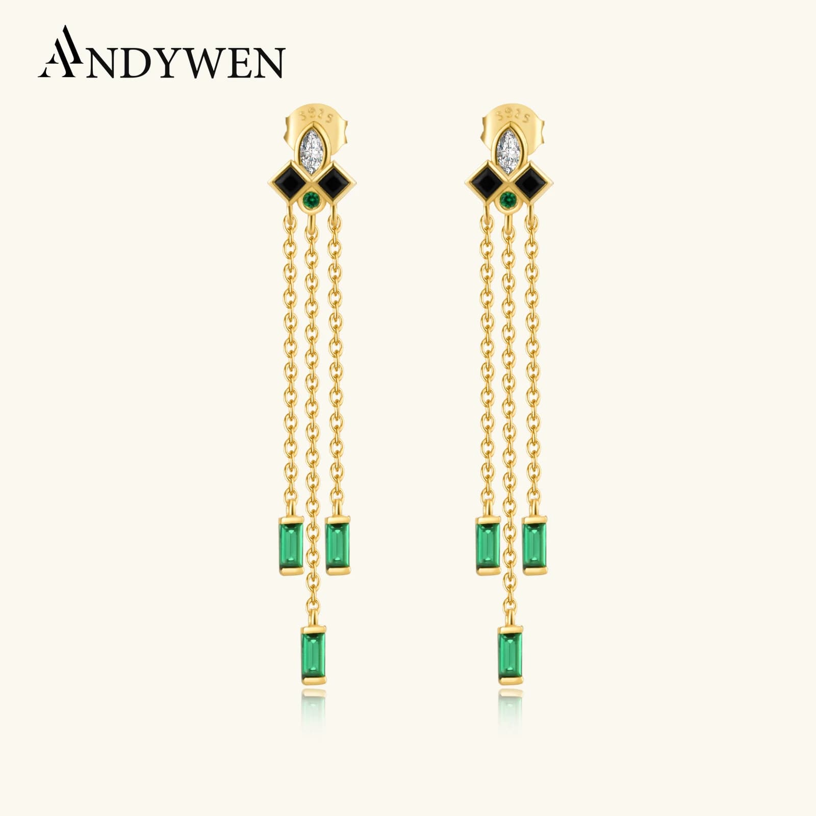 ANDYWEN 925 Sterling Silver Gold Green CZ orecchino a goccia lunga catena di lusso Fine Jewelry 2023 gioielli di cristallo Pendientes Piercing