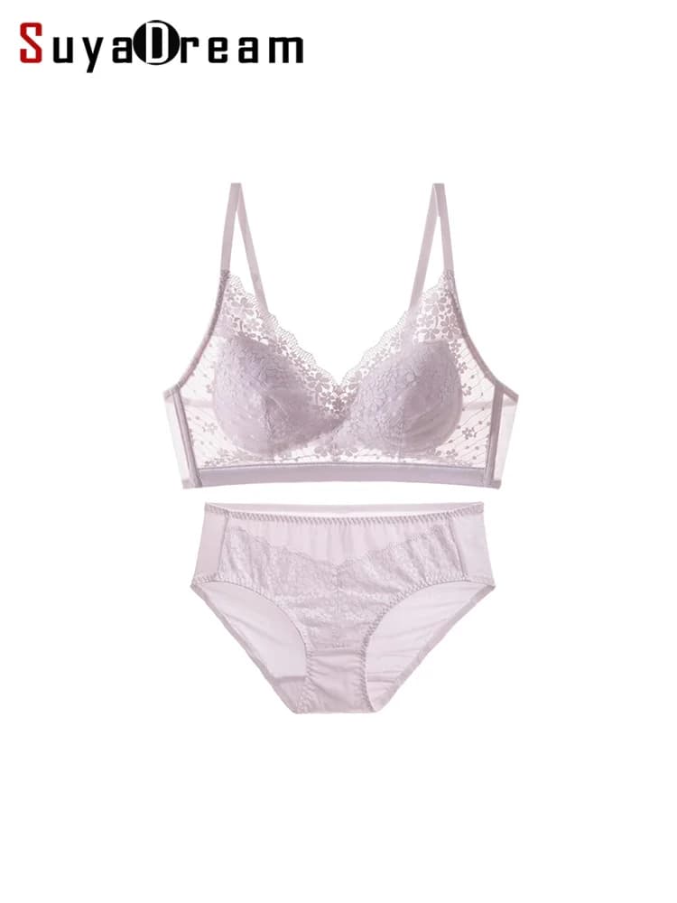 SuyaDream Donna 3/4 Coppe Reggiseni in pizzo Fodera in seta naturale Senza filo Imbottitura sottile Reggiseno stile Everey 2025 Intimo Bianco