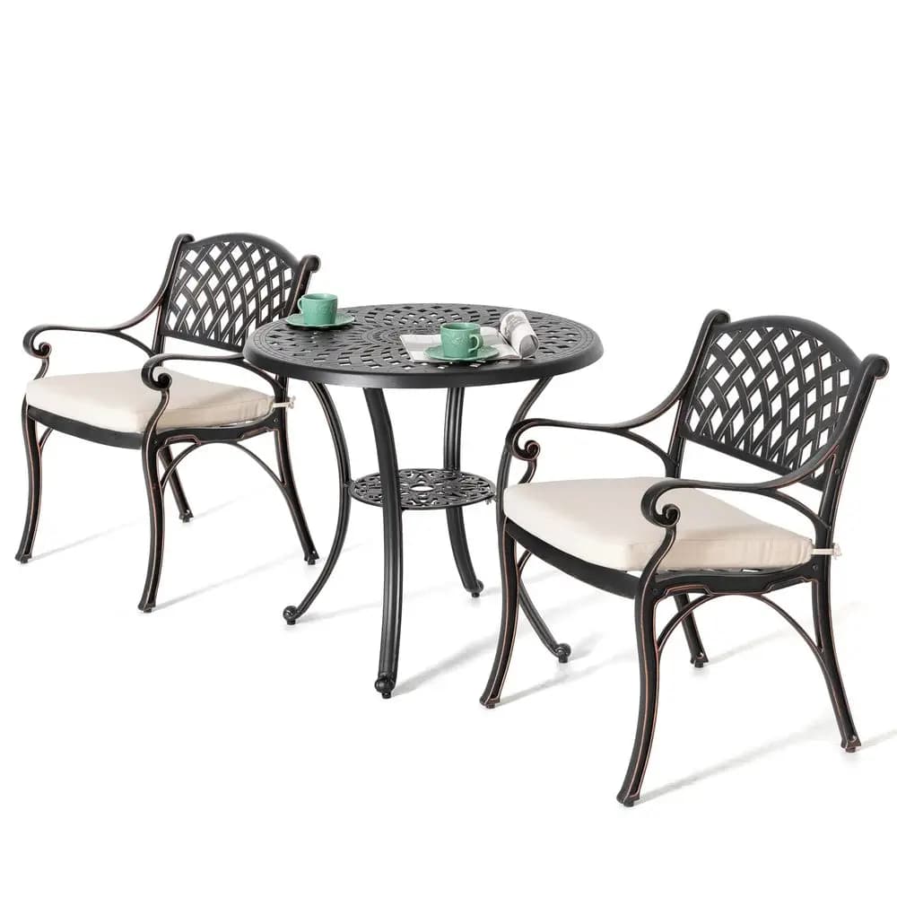 Set Bistrot da Esterno in Alluminio Pressofuso a 3 Pezzi, Tavolo e Sedie Antiruggine con Foro per Ombrellone e Cuscini Beige, Bistrot da Giardino