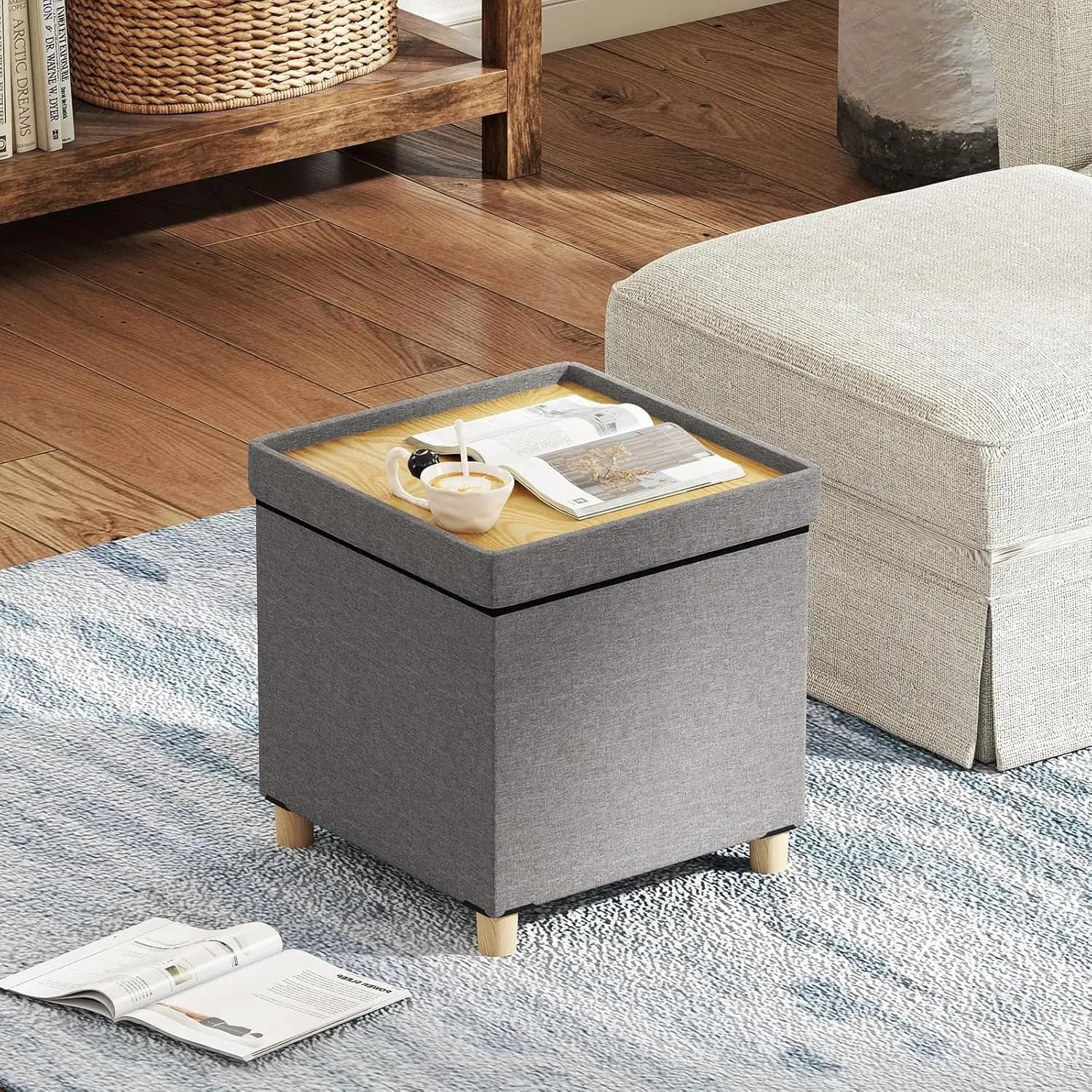 Pouf contenitore da 18 pollici, poggiapiedi cubo in tessuto di lino con gambe in legno di gomma, tavolino laterale con vassoio ribaltabile, sgabello quadrato poggiapiedi