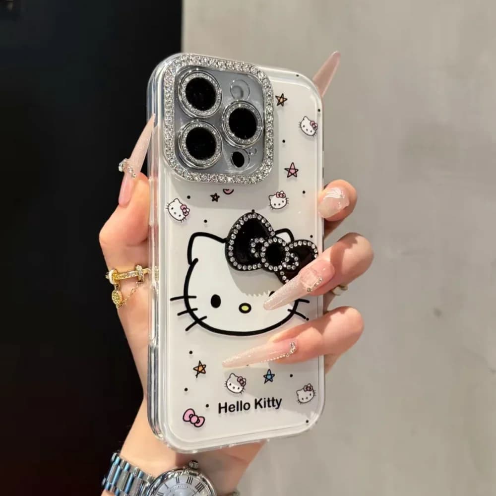 Bling Glitter 3D Cute Cartoon Sanrio Hello Kitty BowPhone Custodia per iPhone 17 16 15 14 13 12 11 Pro Max Cover posteriore color caramella