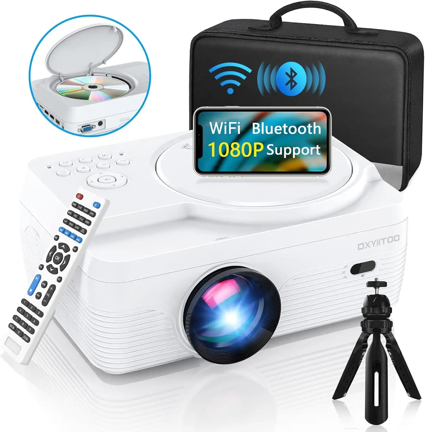 Proiettore Full HD WiFi Bluetooth con Lettore DVD Integrato, 12000LM 1080P Mini Portatile per Film all'Aperto e Home Theater