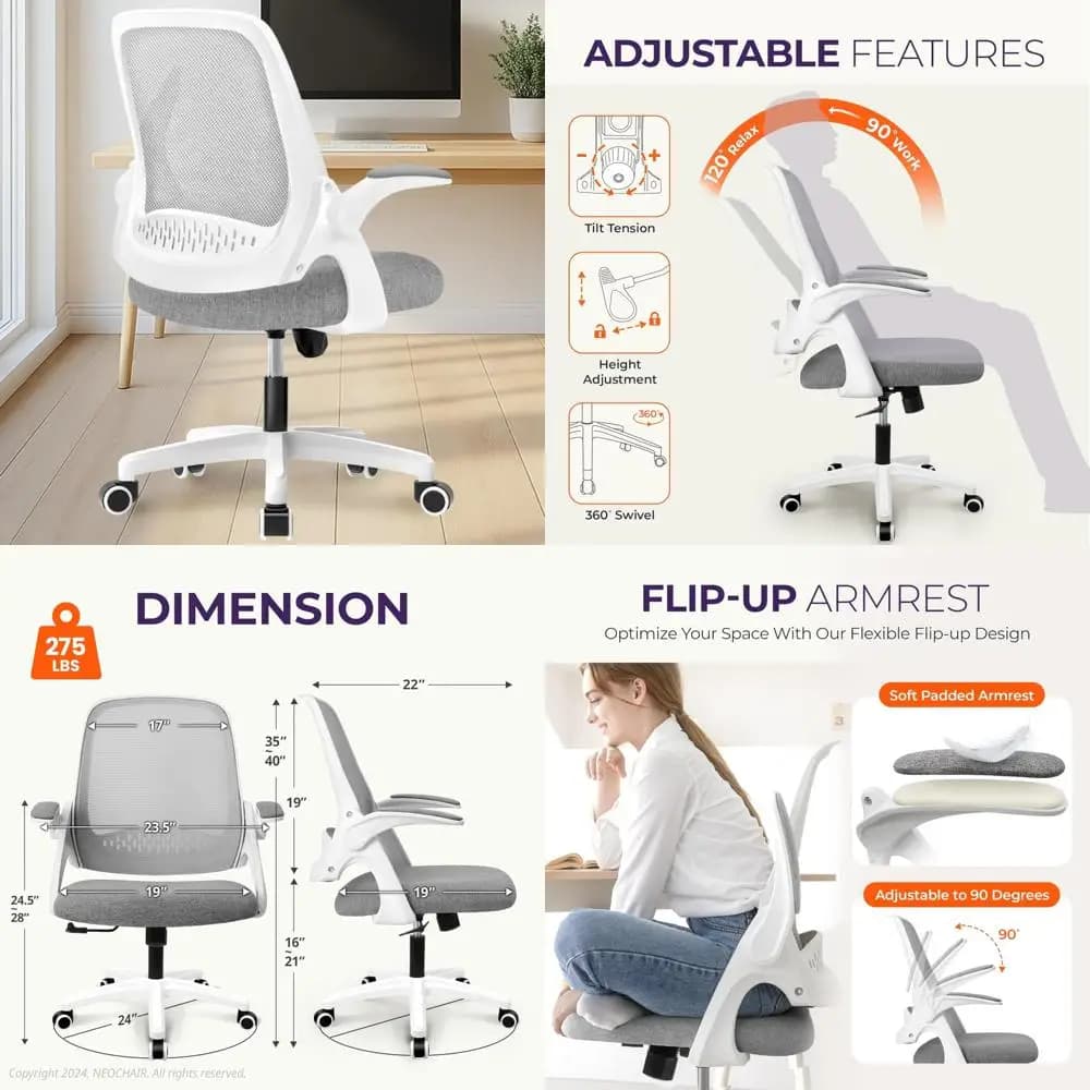 Sedia ergonomica da ufficio e da gioco con altezza regolabile, supporto lombare, ruote girevoli e braccioli ribaltabili