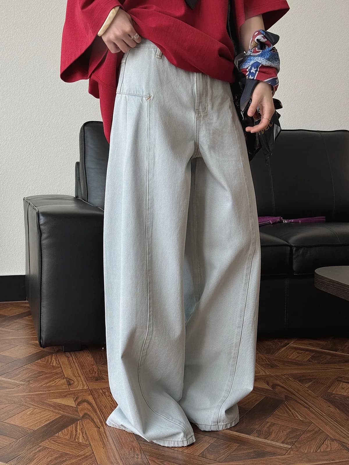 Jeans larghi a gamba larga a vita alta tinta unita casual da donna primaverili e autunnali
