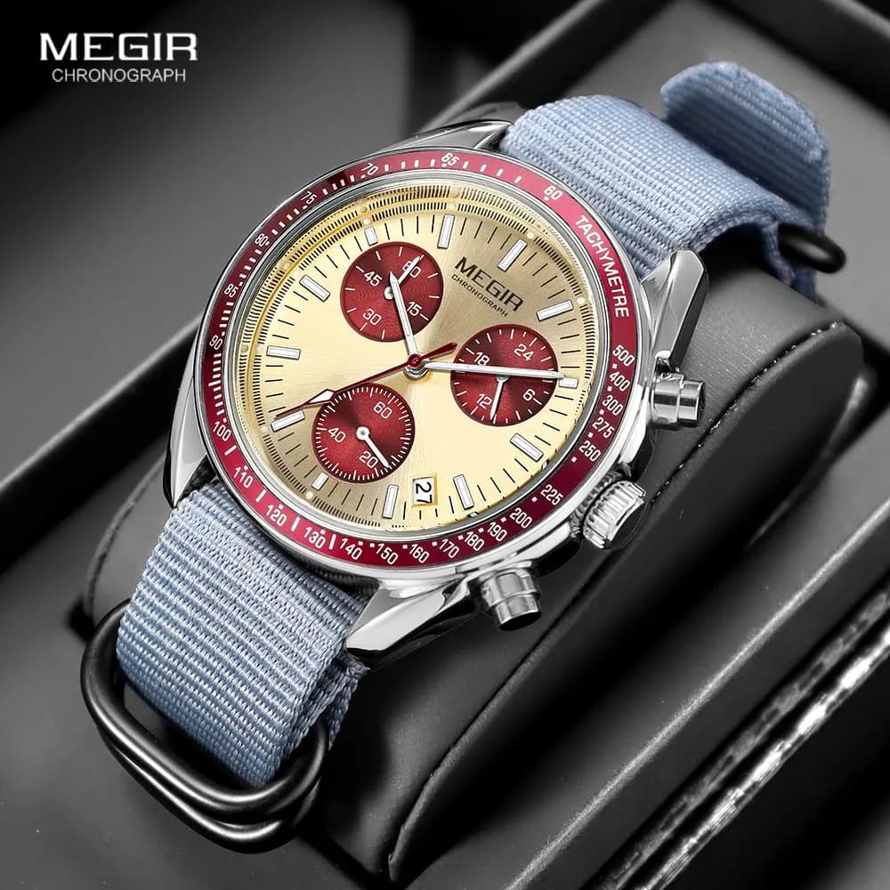 MEGIR Orologio da uomo al quarzo sportivo con cinturino intrecciato in nylon impermeabile con luce notturna con cronografo Orologio da polso a triplo occhio alla moda con