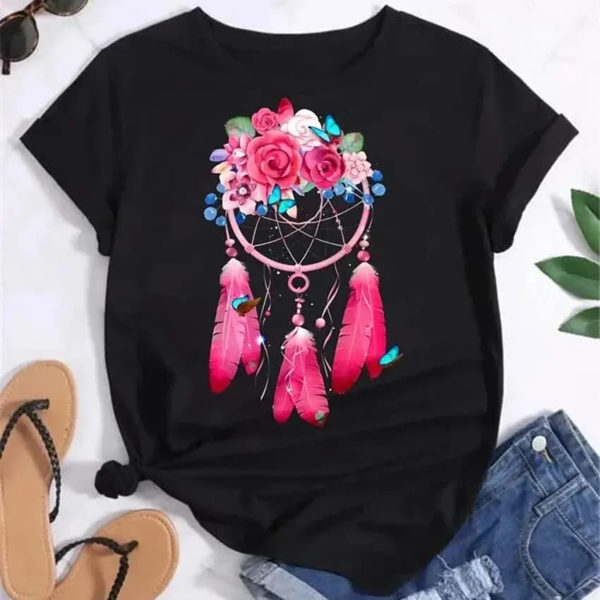 Feather Dreamcatcher maglietta moda donna Harajuku Graphic Tees Shirt Femme Dream Catcher T-Shirt da donna vestiti top