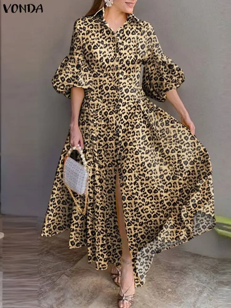 Plus Size 5XL VONDA Fashion Print Leoping Maxi Dresses Women's Autumn Lantern Sleeve Long Shirt Dress Folded Elegant Party Dress
