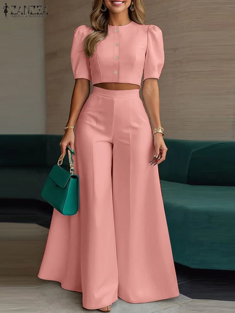 2PCS Women Outfits Summer Pant Sets 2025 ZANZA Elegant Short Sleeve Blouse OL Work Wide Leg Trousers Suit Fashion Matching Sets