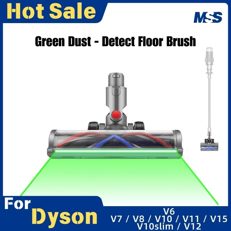 Testina a trasmissione diretta con spazzola per pavimenti in peluche/striscia di feltro per Dyson V6 V7 V8 V10 V10 Slim V11 V12 V15 Rilevamento polvere LED verde