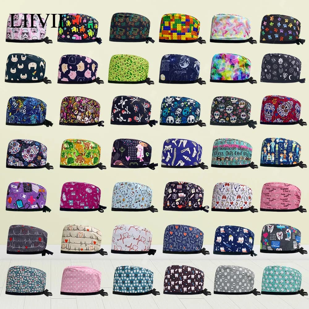 Berretti chirurgici da donna Stampa Infermiera Scrub Cappello in puro cotone Cappello infermieristico medico Dentista Lab Salone di bellezza Clinica Cappello da lavoro Accessori