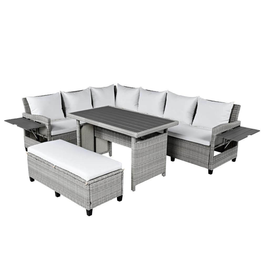 Ye TOMAX 5-Piece Outdoor Patio Rattan Sofa Set, Sectional PE Wicker L-Shaped Garden Furniture with 2 Extendable Side Tables, Dining Table & Washable Covers for Backyard, Poolside, Indoor - White