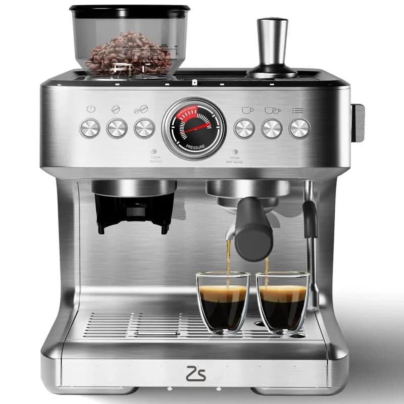 Espresso coffee maker with grinder, professional espresso coffee maker in 20 bar stainless steel with whirlpool, water tank 2.8 liters
