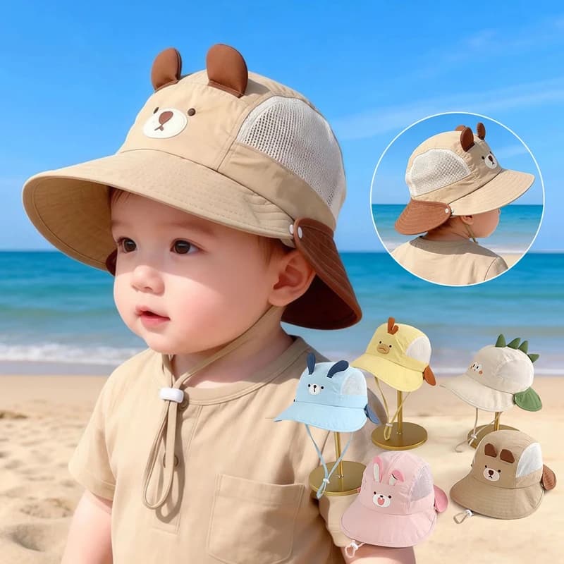 Cartoon Sunshade Baby Beach Hat Cute Bear Rabbit Ears Boys Girls Sun Visor Cap Summer Outdoor Breathable Mesh Panama Hats 2026