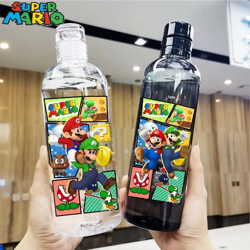 Bottiglia d'Acqua Portatile in Plastica Trasparente 500ml/750ml per Mario Bros, Tazza Antiurto Bianca e Nera Super